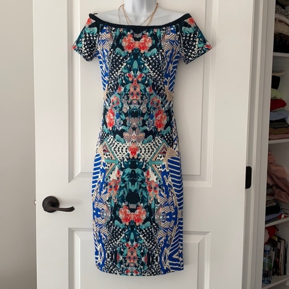 VTG Forever 21 Ted Baker Etro Blue Orange Bodycon Cocktail Midi Work Dress S​​